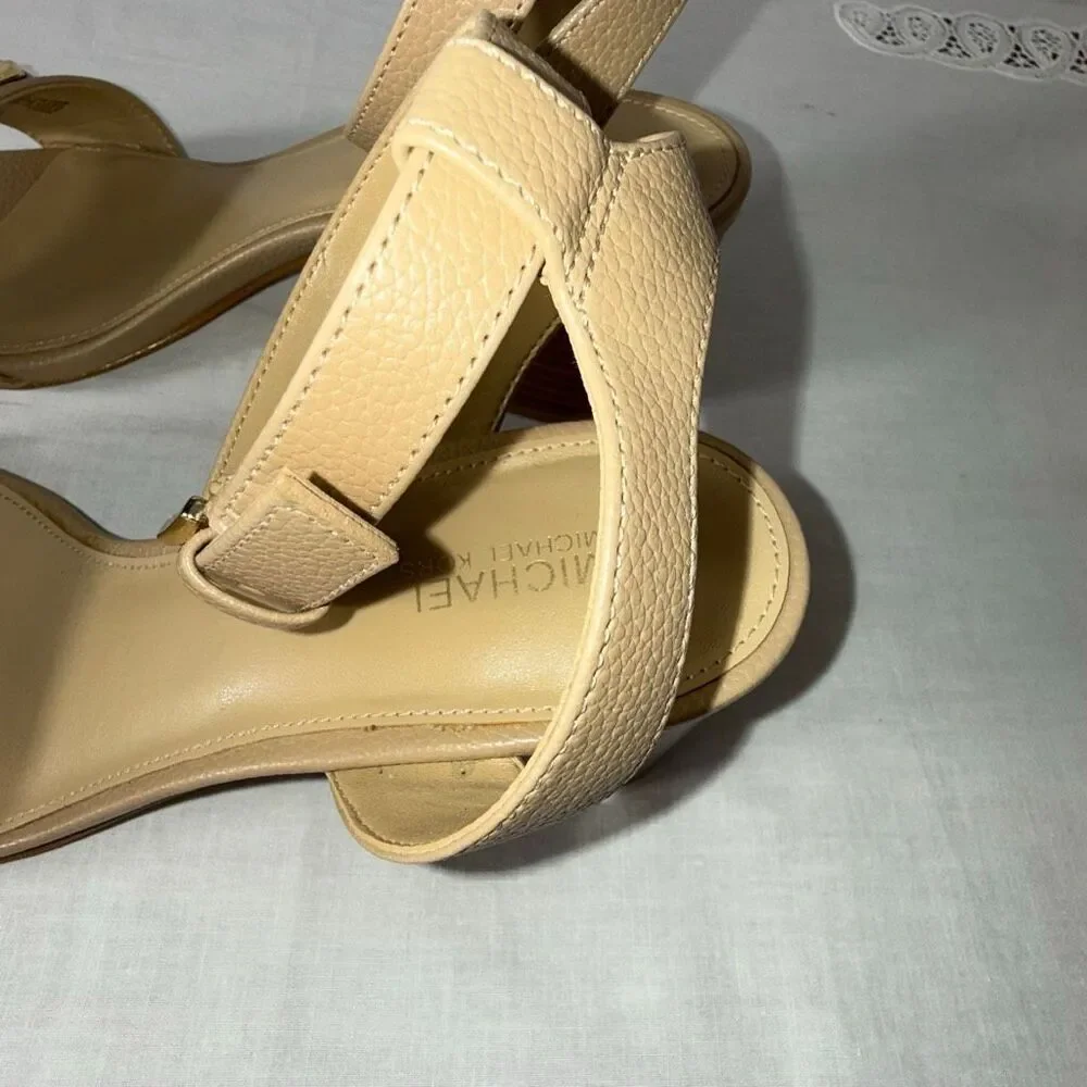 Michael Kors Women’s Nude Pebbled Leather Block Heel Sandals Gold MK Accent 3” H